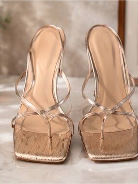 Women's Rose Gold Strappy Square-Toe Heels